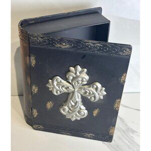 Vintage Bible Iron Case Black with Silver Cross Religious Decorative Storage Box